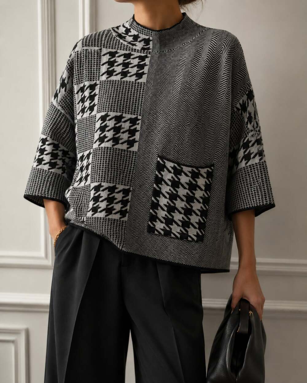 Houndstooth Patchwork Oversized Knit Sweater Size L